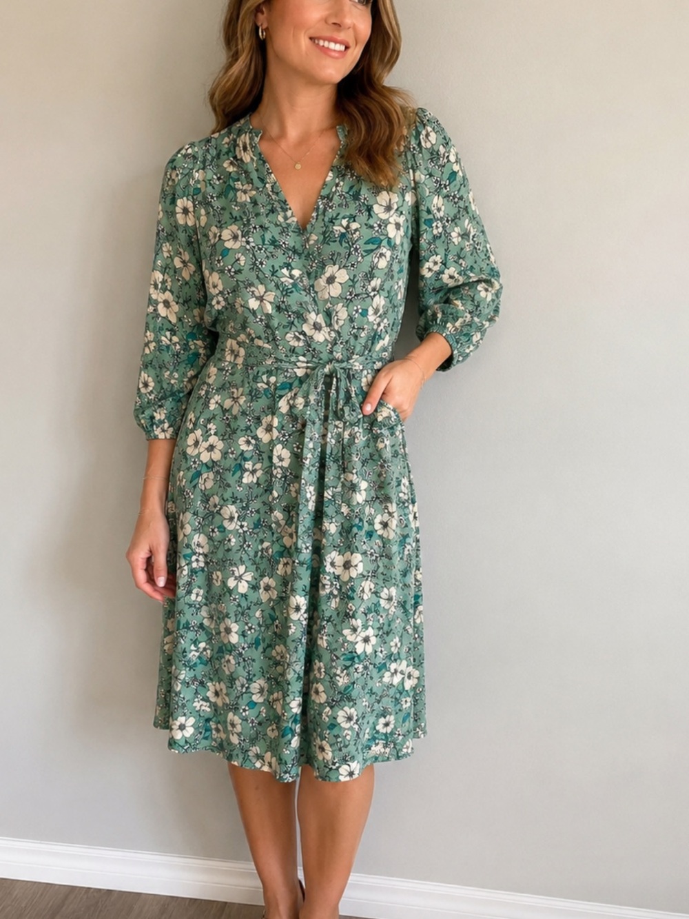 Monteau Green Floral Tie-Waist Midi Dress
